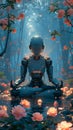 Humanoid robot, ai-generated droid is meditation in lotus pose in a forest with glowing flowers