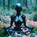 Humanoid robot, ai-generated droid is meditation in lotus pose in a forest with glowing flowers