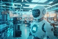 Humanoid robot analyzing complex data related to artificial intelligence on screen Royalty Free Stock Photo