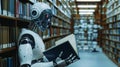 A humanoid robot analyzing complex equations from a book in library setting, illustrating future AI in mathematics