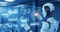 Humanoid Robot Analyzing Data Dashboard Interface, AI Generated Royalty Free Stock Photo