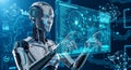 Humanoid Robot Analyzing Data on Futuristic Artificial Intelligence Interface Royalty Free Stock Photo