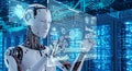 Humanoid Robot Analyzing Data on Futuristic Artificial Intelligence Interface Royalty Free Stock Photo