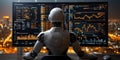 humanoid robot analyzing data on multiple computer screens in futuristic office