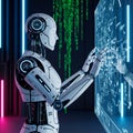Humanoid Robot Analyzing Financial Data and Binary Code on Digital Screen Royalty Free Stock Photo