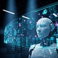 Humanoid Robot Analyzing Financial Data and Binary Code on Digital Screen Royalty Free Stock Photo