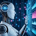 Humanoid Robot Analyzing Financial Data and Binary Code on Digital Screen Royalty Free Stock Photo