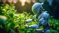 humanoid robot android farmer helps grow plants, vegetable garden of the future, futuristic food growing technology, agriculture