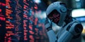 humanoid robot appears stressed while analyzing complex data on digital screen