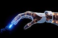 Humanoid robot arms generating power. Robotic hand with data lines and power surges. Cyberspace concept. Generative AI.