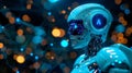 A humanoid robot, artificial intelligence is thinking or analyzing data with glowing code structure floating in the head Royalty Free Stock Photo
