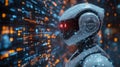 A humanoid robot, artificial intelligence is thinking or analyzing data with glowing code structure floating in the head Royalty Free Stock Photo