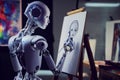 Humanoid robot artist painting a portrait on a canvas in an artist studio Royalty Free Stock Photo