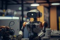 Humanoid robot on an assembly production line in a factory warehouse Royalty Free Stock Photo