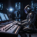 Humanoid robot audio studio technician mixing songs