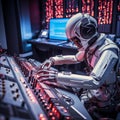 Humanoid robot audio studio technician mixing songs