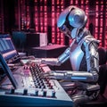 Humanoid robot audio studio technician mixing songs