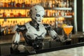 Humanoid robot bartender serving a cocktail, AI generated