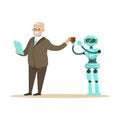 Humanoid robot bringing coffee for a smiling senior man, future technology concept vector Illustration