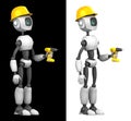 A humanoid robot builder in a construction helmet and a drill in his hand. Isolated on black and white background.Future concept