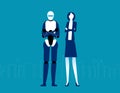 Humanoid robot and businessman. Futuristic cartoon character design. Flat vector illustration style