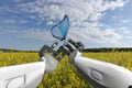 Humanoid robot with butterfly in the hands, first-person view, 3d render Royalty Free Stock Photo