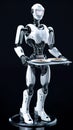 A humanoid robot carries a tray of food, generative AI.