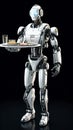 A humanoid robot carries a tray of food, generative AI.