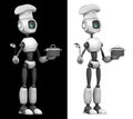 A humanoid robot chef cooks dishes. Isolated on black and white background. Future concept with robotics and artificial