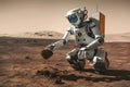 Humanoid robot collects soil samples on Mars surface in photo Royalty Free Stock Photo