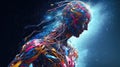 A humanoid robot with color swirling brain motion trails, concept of art, psychology, creativity, imagination, dreams Royalty Free Stock Photo