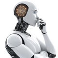 Humanoid robot contemplating with glowing artificial intelligence network inside head Royalty Free Stock Photo