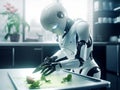 Humanoid robot cooking dishes in home or restaurant kitchen. Replacing human labor with robotics. Future concept with smart