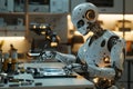 humanoid robot creating technology in minimalist workshop with soft ambient lighting, showcasing innovation and Royalty Free Stock Photo