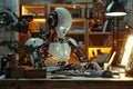 humanoid robot creating technology in minimalist workshop with soft ambient lighting, showcasing innovation and Royalty Free Stock Photo