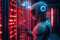 Humanoid robot cyber-security specialist analyzing digital firewall system. Generative AI