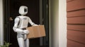 humanoid robot delivering a box to a house. future concept