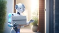 humanoid robot delivering a box to a house. future concept