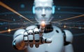 A humanoid robot hand interacts with a futuristic digital interface and data network. Royalty Free Stock Photo