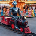 Humanoid robot driving funfair children locomotive train