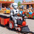 Humanoid robot driving funfair children locomotive train