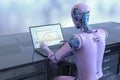 Humanoid robot engaged in work with a laptop, analyzing a cluster analysis dendrogram for studying data patterns, 3D