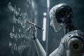 A humanoid robot is engaged in writing mathematical equations on a chalkboard in a modern laboratory. The environment has advanced Royalty Free Stock Photo