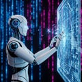 Humanoid Robot Analyzing Financial Data and Binary Code on Digital Screen Royalty Free Stock Photo