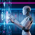 Humanoid Robot Analyzing Financial Data and Binary Code on Digital Screen Royalty Free Stock Photo