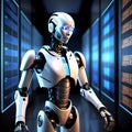 A humanoid robot exploring a futuristic data archive with glowing screens Royalty Free Stock Photo
