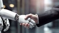 Robot extends hand towards a man, humans and robots work together. Generative AI
