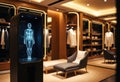 Advanced humanoid robot with digital human interface in a modern retail store Royalty Free Stock Photo