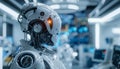 A humanoid robot is focused on tasks in a modern laboratory filled with technology. Generative by AI Royalty Free Stock Photo