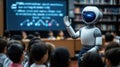humanoid robot teacher with futuristic design interacts with group of children in library